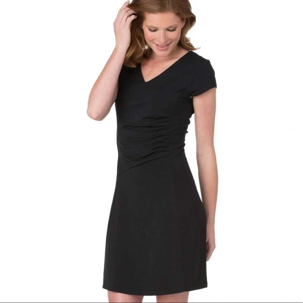 KÜHL Verona Dress S Raven Black Ruched Faux Wrap Coolmax Travel Stretch Gorpcore